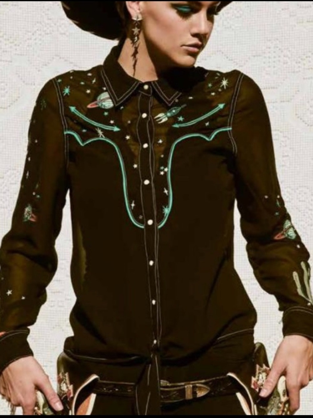 Double D Ranch far out west fringe blouse embroidered rockets moons stars pearl